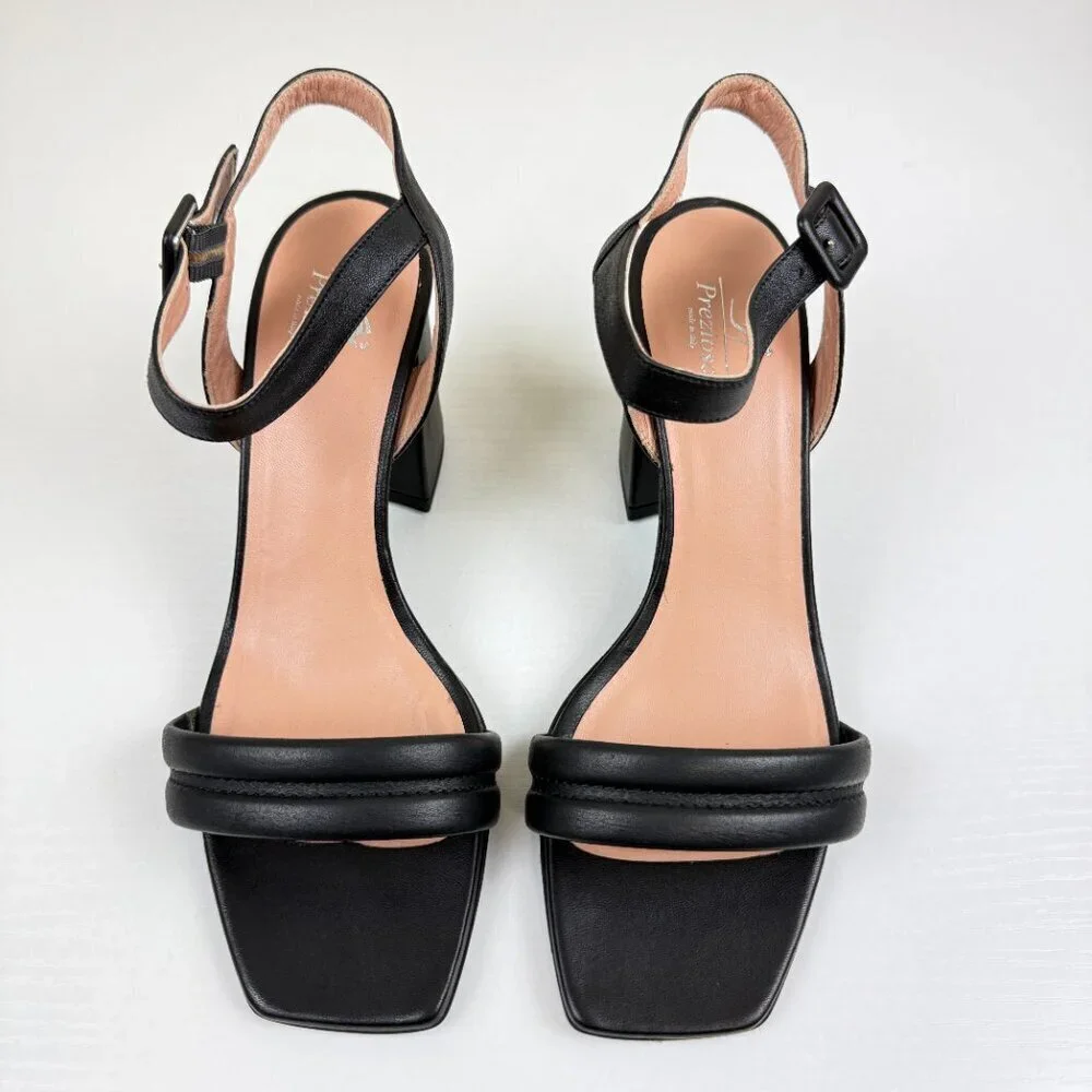Prezioso Black Leather Stack Heel Sandals Made In Italy